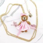 Betsey Johnson Cheerleader Necklace Gold Tone Pink Bear Crystal Pom Poms Movable Photo 0