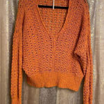 Free People Best Of You Sunset Orange Open Knit V Neck Sweater Medium Photo 0