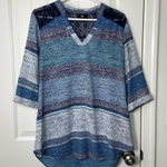 Iz Byer NWOT women’s blue crocheted lace patterned cropped sleeve tunic blouse Photo 0
