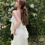 Japanese Cream Ivory Lace Ruffle Soft Chiffon Pleated Strap Maxi Dress Photo 3