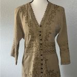 Inca Cottons Peru Large Washed Tan Embroidered Button Up 3/4 Sleeve V-neck Top Photo 0