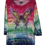 Essentials Women's Multicolor Butterfly Embellished Top Long Sleeve Size 2X Pink Photo 0