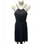 Azazie  Alayna Short Bridesmaid A Line Dress Navy Sz J12  High Neck Sheer Chiffon Photo 2