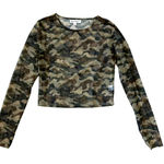 Wild Honey  Camo Print Mesh Long Sleeve Crop Top Sheer Size Medium Green Brown Photo 0