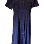 Vintage 90s Navy Blue Short Sleeve Button Down Dress Womens S Midi Casual Photo 0