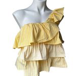 Anthropologie  Maeve One Shoulder Blouse Striped Ruffled Cotton Yellow, Sz M Photo 6
