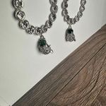 Wild Cat Leopard Rhinestone Dangle Pierced Earrings Silver Tone Clear & Green Photo 1