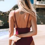 Cupshe Solid Wine Red Ruffled Trim One-Piece Swimsuit Sexy V-neck Straps Women S Photo 1