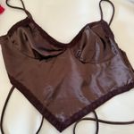 REBELFLOW | Brown Satin Tie Back Handkerchief Hem Lace Trim Crop Top | Small Photo 0