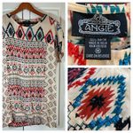 Angie  Boho Southwestern Geometric Print Beaded Peasant Top Medium Dolman Sleeves Photo 1
