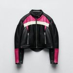 ZARA  Black Pink Motorcycle Biker Jacket Size Large Vegan Leather Grunge Gothic Photo 2