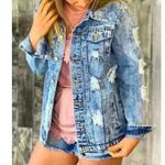 Fantastic Fawn Blue Fringed Western Distressed Denim Jacket Womens Size M Photo 0