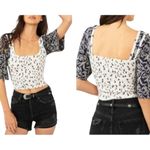 Free People  XL Oversized Bell Sleeve Smocked Crop Top Blue Ditzy Floral Coquette Photo 1