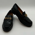 Circus by Sam Edelman Deana Lug Sole Loafers – Black Croc-Embossed,Gold Hardware Photo 0