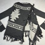 Women's Aztec Print Open Front Cardigan With Fringe Trim Size Small Boho Casual Gray Photo 2