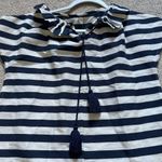 Ann Mashburn  Linen Cotton Top Size XS Navy Blue White Ruffle Tie Blouse Cap Photo 8