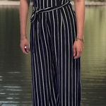Monteau Chic Women’s Blue White Striped Maxi Jumpsuit Pocket Boho beach Sz XL Photo 0