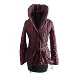 Cache Berry Metallic Sheen Jacket Lined Belt Puffer Exaggerated Collar NWT $238 Red Size L Photo 1