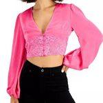 Bar III X-Large Cropped Top Long Balloon Sleeves Lace-Hem Button-Up V-Neck Pink Photo 0