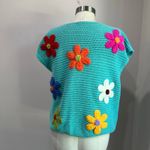 BiBi Blue Teal Floral Crochet Knit Short Sleeve Sweater Top Sz M Size M Photo 4