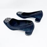 Tory Burch Frannie Reva Pumps 8.5 Black Suede Croc Trim Silver Logo Block Heels Photo 4