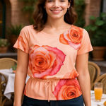 Koi by Kathy Peterson Pink Floral Cotton Top Cottagecore Scrub Style M Size M Photo 1