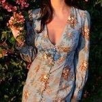Urban Outfitters NWT UO Michelle Plunging Long Sleeve Mini Dress Blue Floral Photo 0