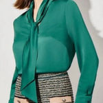 Ming Wang NWT Button Down Emerald Green Tie Long Sleeve Blouse Photo 0