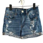 American Eagle  Blue Distressed Ripped Super Stretch Denim Jean Shorts Women Sz 2 Photo 0