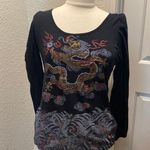 Trixie Chinese Inspired Stretchy Long Sleeve Round Neck Top Black EUC Sz M Scoop Size M Photo 0