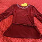 Bob Mackie XL Wearable Art Shirt Red Long Sleeve Round Neck Tie Women’s Blouse Photo 0