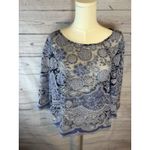 HD in Paris Anthropologie  Blue Lace Floral Overlay Blouse Size 6 Boat Neck Photo 1