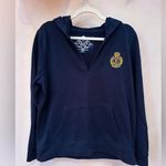 CHAPS EUC , navy blue hooded sweatshirt, V neck, Crest on front. Sz Lg Photo 0