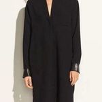 Vince Collared Long Sleeve Relaxed Shirt Dress Faux Leather Trim Black Small Photo 0