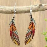 Polka Dot Print Feather Tribal Wooden Leaf Charm Earrings Photo 0