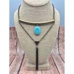 None Dark Brushed Gold Tone Statement Collar Necklace Drop Faux Turquoise Western Photo 6