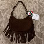 NWT Marlon Made In Italy Chocolate Brown Suede Crescent Fringe Shoulder Bag Photo 0