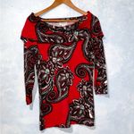 Carmen Marc Valvo  Red Paisley Floral Rhinestones On/Off Shoulder Sweater Large Photo 1