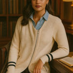 Maje  Academia Silk Wool Asymmetrical Zip Sweater Small Cream Preppy Old Money Photo 1