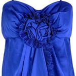 Max and Cleo Satin Mini Cocktail Dress Rosette Spaghetti Strap Size 10 Blue Prom Photo 1