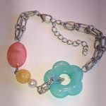 Silver Tone Colorful Chain Bracelet with Flower Charm Pink Photo 0