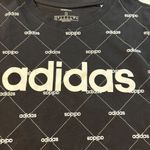 Adidas  Graphic Tee Womens Small Black AOP Spellout Logo Short Sleeve‎ T-shirt Photo 1