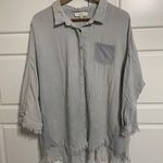 Umgee Women Fringe Hem Button Down Shirt Gray Blue Wash 3/4 Sleeve Boho XL Photo 1