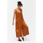 Lacausa  Santi Jumpsuit XS Bourbon Satin Wide Cropped Leg V-Neck Slip Romper EUC Photo 3