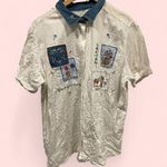 Cute cottagecore floral garden embroidered denim white button front blouse Blue Size 1X Photo 1