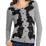 CAbi Thin Gray & Black Lace Applique Cardigan Sweater ~ Women's Size SMALL Photo 0