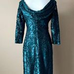 Tahari  | Forest Green Lace Draped Neck Long Sleeve Cocktail Dress Sz 6 Photo 6
