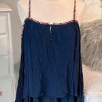 Signature 8 Feminine Navy Blue Gauzy Criss Cross Open Back Top Photo 1