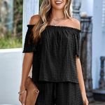 Boutique Textured Off Shoulder Top with Shorts Elodie Set Black Size L Photo 0