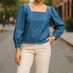 NWOT J.Crew Squareneck Denim Blouse Cottage Core Minimalist Parisian Style S Blue Size M Photo 0